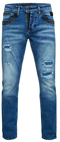 Rusty Neal Jeanshose Herren Jeans Straight Fit Stretch Streetwear 'YOKOTE' Jeans-Hose Stone-Washed Strech Denim Kontrast Destroyed 240, Farbe:Blue Used, Größe Jeans L32:31W / 32L