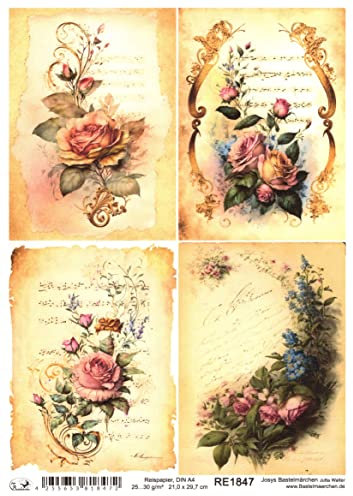 Josys Bastelmärchen Reispapier A4 Strohseide Decoupage Blumen Vintage Rosen Notenblatt RE1847