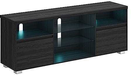 VASAGLE TV Stand Cabinet with LED Lights, Modern TV Unit for TVs up to 70 Inch, with Open Glass Shelves, 2 Cabinets with Doors, 160 cm TV Entertainment Unit for Living Room Bedroom, Black LTV332T21