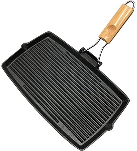 DELURA Frying Cookware Cast Iron Rectangular Grill with Folding Handle, Induction Griddle Pan with Folding Handle pan