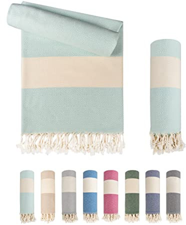 LAYNENBURG Premium Hamamtuch mit handgeknüpften Fransen - 100% Baumwolle - XXL Strandtuch 95x180 cm - Oeko TEX 100 - Strand-Handtuch Karomuster groß - Reisehandtuch & Saunatuch (Helltürkis)