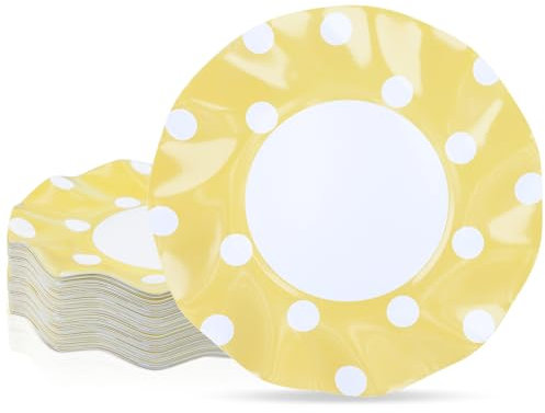 ZVK Platos de Papel, 23cm 48 piezas Set de Platos de fiesta Vajilla de Fiesta Desechables Amarillo, Puntos, Ondulados