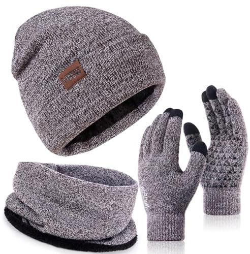 Nertpow Mütze, Schal & Handschuh-Sets für Damen Herren, Touchscreen Handschuhe Winter Beanie Mütze Stricken mit Fleece Gefüttert Schal Halswärmer Geschenk Set(Handschuhe&Mütze&Schal Kaffee Weiß)
