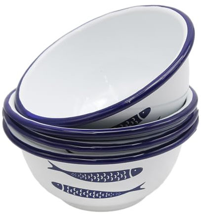 LIDSCURA Juego de 4 cuencos redondos de 20 onzas con patrón de pescado en la superficie, borde blanco/azul sólido