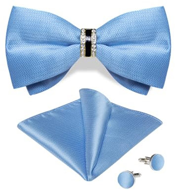 DiBanGu Seide Hellblau Fliege für Herren Einfarbig vorgebundene Fliege mit Ring und Einstecktuch Manschettenknöpfe für Hochzeit Formal