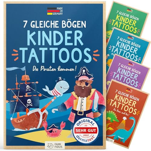 Famifidus +115 hautfreundliche Temporäre Tattoos I 7 gleiche Bögen I Dermatologisch SEHR GUT I Kinder Tattoo MADE IN GERMANY I Tattoo Kinder I Tattoos für Kinder (Die Piraten kommen!)