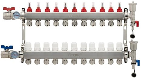 Vancoco Collettore di Calore Radiante a 11 Circuiti con Eurocone 3/4 (16 x 2 mm), Distributore di Circuiti di Riscaldamento, Kit Collettore PEX con Misuratori di Flusso e Valvole a Mano