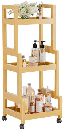 vovala rolling carts with wheels, Small Kitchen Utility Storage Organizer, 3-tier Mobile Removable Trolley Cart with Bamboo Shelf, Multifunctional Shelving Unit, Natural