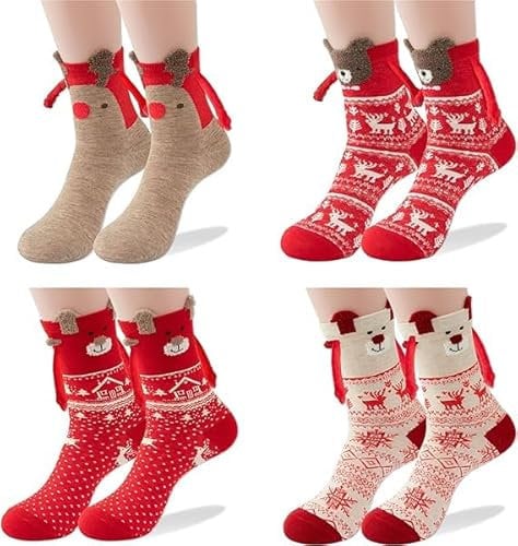 Shujin 4 Paar Weihnachtssocken mit magnetarmen Unisex 3D Puppes Paar Socken,Hand in Hand Socken Magnet Freundschaftssocken mit Händen Lustige Magnetische Christmas Socks,4pc-Mehrfarbig