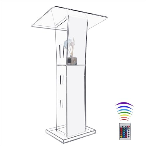 Acrylklarer Stehpulte, 43 Kanzel für Kirchen mit 15 Farben einstellbar, modernes Rednerpult mit Ablagefläche für Klassenzimmer, Konferenz, Hochzeit und mehr (23.62 x 15.75 X 43.3)