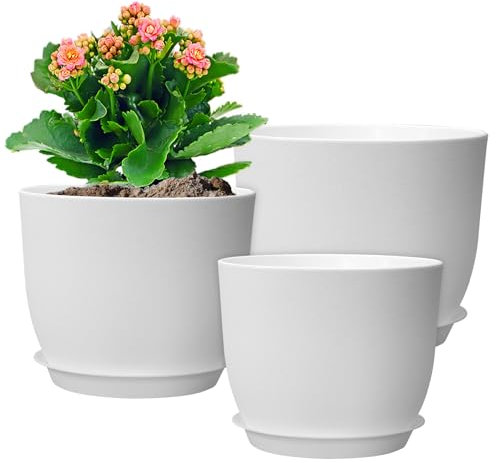 WSMKSZ 30,5/25,4/22,9 cm große Blumentöpfe, 3 Stück, moderne dekorative Kunststoff-Pflanzgefäße mit Drainagelöchern und Untersetzern, Blumentöpfe für Innen- und Außenbereich, Weiß