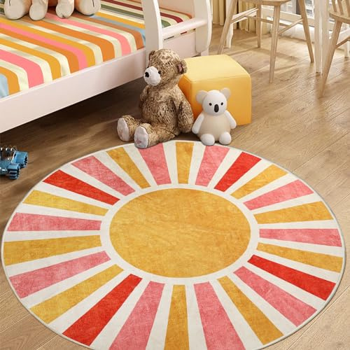 Boho-Teppich, bunt, waschbar, für Klassenzimmer, Sonnendruck, Used-Look, Kinderteppich, weicher, rutschfest, niedriger Flor