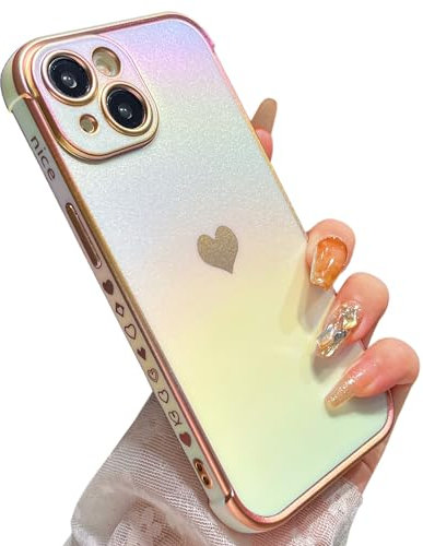 ZTOFERA Compatible with iPhone 14 (6.1) Case for Girls Women, Luxury Fluorescent Iridescent Matte Silicone Case with Cute Love Heart Pattern Plated Rim Shockproof Cover, Iridescent White