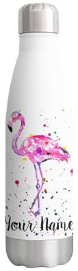 Vixar Bouteille personnalisée flamant rose avec votre texte/nom Oiseau animaux Aquarelle Bouteille isotherme double paroi en acier inoxydable Boissons de sport 500 ml