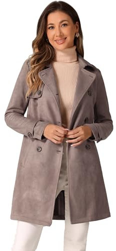 Allegra K Women's Notched Lapel Double Breasted Faux Suede Trench Coat Jacket with Belt Dark Beige L