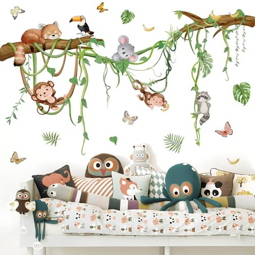 Buiory Abnehmbare Dschungeltier-Wandaufkleber, zum Abziehen und Aufkleben, Safari-Affe, Kletterbaum, Vinyl, Faultier, Schmetterling, Rebe, Wandbild, Kunstdekor für Kinderzimmer, Schlafzimmer,