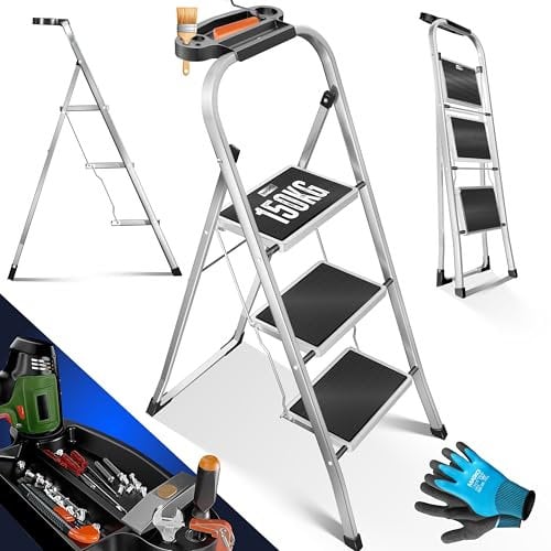 MASKO® Escalera de Tijera, Escalera de Tijera cargable hasta 150 kg, Antideslizante, incl. Guantes, Bandeja Portaherramientas y Bloqueo Automático, 3 Niveles - Gris