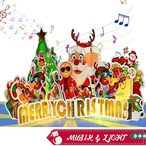 Weihnachtskarte, Pop-up Weihnachtskarte mit Musik und Licht für Kinder, 3D Weihnachtsmann Weihnachtskarte für Frau, Männer, Junge, Mädchen, Enkelin, Enkel, Ehemann, Sohn, Tochter