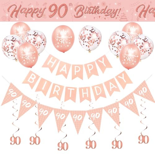 90th BIrthday Decorations for Women-Rose Gold 90th Birthday Banners for Her,90th Party Decor Happy 90th Birthday Banner Bunting Foil Hanging Swirls Triangle Flags Confetti Latex Balloons