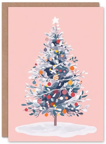 Wee Blue Coo Greeting Card Snow Laden Decorated Tree on Pastel Pink Blank For Him Or Her Art Xmas Christmas Card
