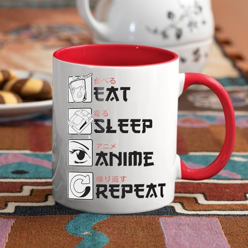Eat Sleep Anime Repeat – Anime Mug Gift – Saying Mug Otaku Gift Idea – Baka Coffee Mug Japan Manga Red Trim
