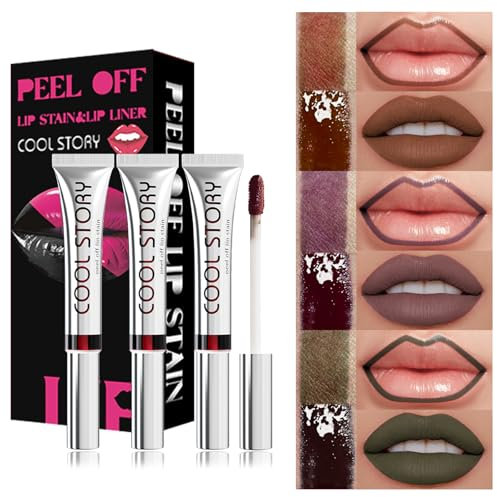 3PCS Peel Off Lip Stain Lip Tint Set, Matte Lipstick & Lip Liner, Waterproof Long Lasting Peel Off Lip Gloss, Lip Liner Lip Makeup Kit (Colour, Set C)