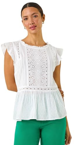 Roman Originals Broderie Anglaise Frill Sleeve Top for Women UK - Ladies Everyday Holiday Spring Summer Round Neckline Comfy Soft Evening Vacation Work Party - Ivory - Size 14