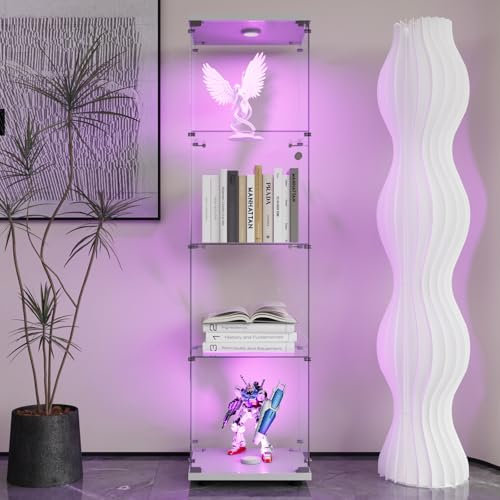Glasvitrine Standvitrine, 4 Lagen Glas Vitrine Sammlervitrine Vitrinenschrank mit LED Beleuchtung und Glastüren Für Wohnzimmer Schlafzimmer Büro (Weiß-4 Böden-Einzeltür-Mit Licht, 164 x 42 x 36 cm)