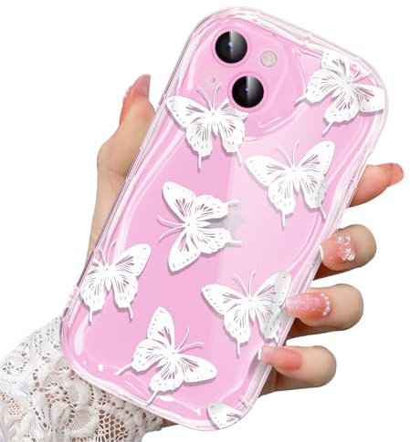 CASBST Compatible for iPhone 13 Case, Pretty Butterfly Print Three-dimensional Wave Clear Case for Girls Women, Soft Full Package Anti-fall Cover for iPhone 13, White Butterfly