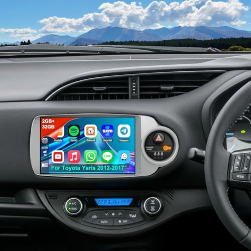 ikasus 2 Din Car Radio, 9 Car Stereo for Toyota Yaris Vitz 2012-2017, Head Unit with Wireless CarPlay & Android Auto, 2+32GB, Bluetooth WiFi GPS Navi FM RDS Voice Control Mirror Link Backup Camera