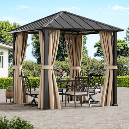Modern Shade Hartdach-Gazebo 2,4m × 2,4m mit verzinktem Stahl Dach & abnehmbaren Vorhängen - dauerhafter Wetterschutz-Metallpavillon für Garten, Terrasse, Balkon, Außenbereich