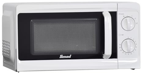 Smad 700W Compact Microwave, 17L Countertop Oven with 6 Power Levels, Manual Knob Control, Defrost Function, Easy-Clean Design for Kitchen, Dorm, Office – White