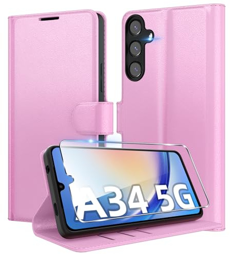 Eirltiy Cover per Samsung Galaxy A34 5G Portafoglio Pelle PU Premium, Custodia Scomparti Carte Antiurto Protettiva Case con 1 Vetro Temperato, Rosa