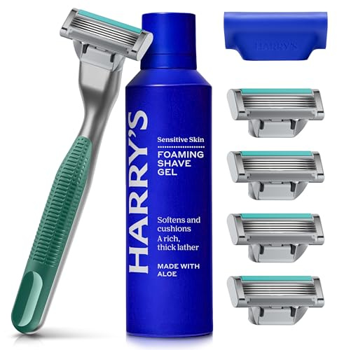 Harry's Plus Razor for Men - Starter Set - 1 Premium Handle with 5 Razor Refills, 60ml Foaming Shave Gel and Travel Blade Cover - Green