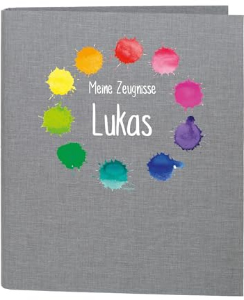 Striefchen® Zeugnismappe personalisiert mit Name – Leinenstoff – 5 Farben zur Auswahl – Farbkleckse-Motiv – DIN A4 – 4-Ring-Ordner für Kinder – Mappe zur Aufbewahrung von Schulzeugnissen (Grau)