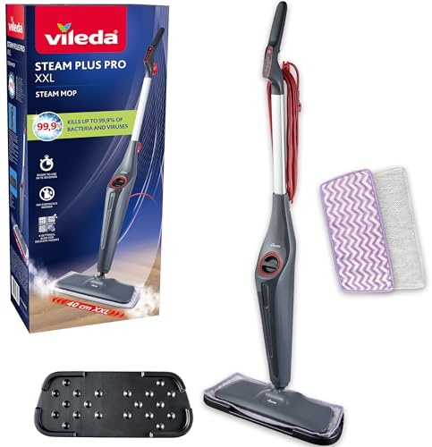 Vileda Steam Plus Pro XXL Steam Mop, 4 Settings, 2 Mop Head Refills & Tray | 40cm XXL size, Sensitive Floor Cleaning Pad, Carpet Steam Cleaner Attachment, Suitable for Sealed Hard Floor Types