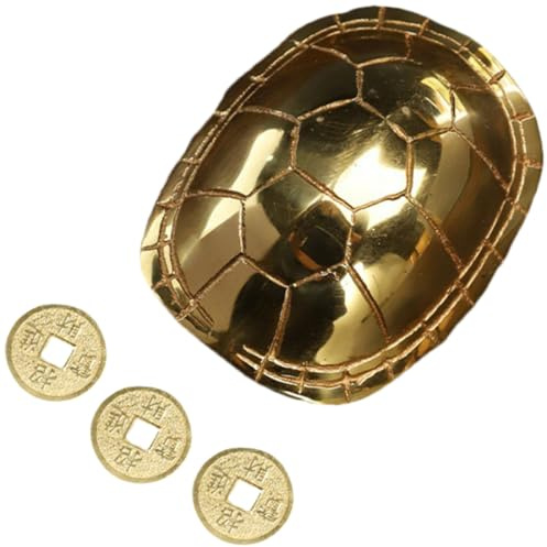 WHAMVOX Jeu de Divination en Cuivre Petit Format Carapace de Tortue et 3 Pièces en Cuivre, Accessoire de Divination Chinois Vintage pour Décoration Intérieure et Rituels Feng Shui