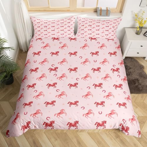 richhome Rosa Pferd Bettwäsche Set 135x200cm Jungen Mädchen Galloping Pferd Bettwäsche-Set atmungsaktive weiche niedliche Tier Bettbezug Set 2 teilig Bauernhof Schlafzimmer Dekor Mikrofaser