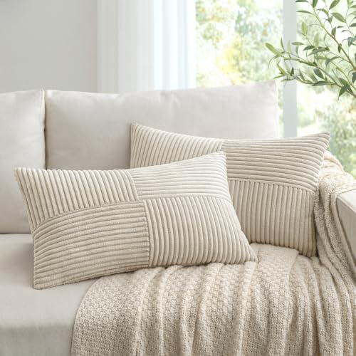 Woaboy Kissenbezug 30x50 cm Beige 2er Set Weicher Kordelstoff | für Sofa Bett Sessel Wohnzimmer und Schlafzimmer vielseitig kombinierbar passend zu modernem skandinavischem und boho Stil
