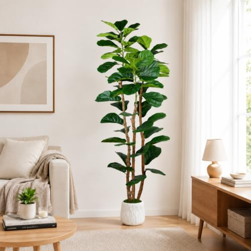 Fairblo 6FT Artificial Plants Indoor Large Fake Fiddle Leaf Fig Tree with White Pot & Natural Wood Trunk Tall Faux Ficus Lyrata Plant Silk Floor Plant for Living Room Office Home Decor