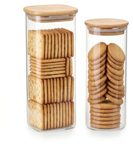 Raoletin 2-Pack Biscuit Tin Airtight Set Glass Cracker Storage Container, Reusable Biscuit Container Round and Square Multipurpose Cream Cracker Storage Jars for Pantry Cookie, Dry Goods, Spaghetti