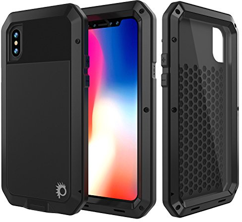 PunkCase Metallhülle, robuste Schutzhülle in Militärqualität, stoßfest, Hartaluminium und TPU-Design, mit Displayschutzfolie aus gehärtetem Glas, kompatibel mit Apple iPhone XS, Schwarz