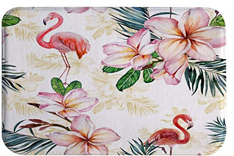 A.Monamour Badematten Badteppiche Badvorleger Tropische Blätter des Exotischen Sommers Und Hintergrund-Aquarellkunst des Rosa Flamingos Der Blumen Weiße Türmatte Teppiche Matte Für Badezimmer 40x60cm