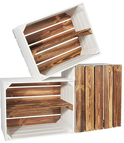 CHICCIE 3 Set Holzkiste Grete Geflammt Weiß 50x40x30cm - Langes Regal Weinkiste