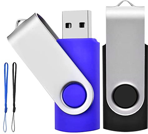 Clé USB 64Go Lot de 2 Cles USB 2.0 Mémoire Flash Drive Clef USB Pivotantes avec Cordes Bon Cadeau pour Enfant Parents et Amis (64G, Noir/Bleu)