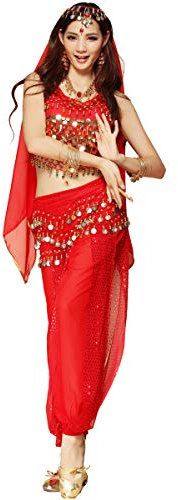 Wuchieal Bauchtanz Kostüm Damen Phantasie 4 Teile Bauchtanz Outfits Kostüm (Rot, One size)