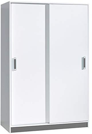 Furniture24 Schwebetürenschrank TRAFIKO 14, Kleiderschrank, Schrank mit 3 Einlegeböden und Kleiderstange (Weiß/Grau)