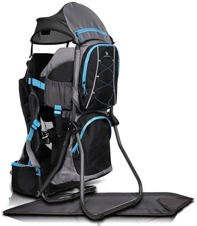 Dromader Kraxe Kindertrage bis 22kg – Kindertrage Wandern mit Sonnendach, Regenschutz, Thermotasche, Wickelmatte – Einhändig klappbare Rahmen - Schwarz & Blau