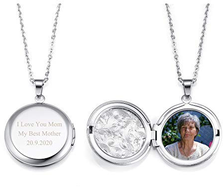 PiercingJak Bilder Medaillon zum öffnen Foto Kette mit Gravur Amulett Anhänger Blume Muster Edelstahl Halskette Personalisierte Geschenke für Damen Herren, Silber