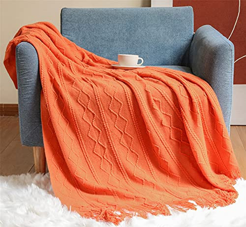 Hayisugal Wohndecke Boho Decke Weich Strick Wolldecke mit Quaste Kuscheldecke Sofadecke Couch Decke Überwurfdecke, Orange, 130 x 200cm